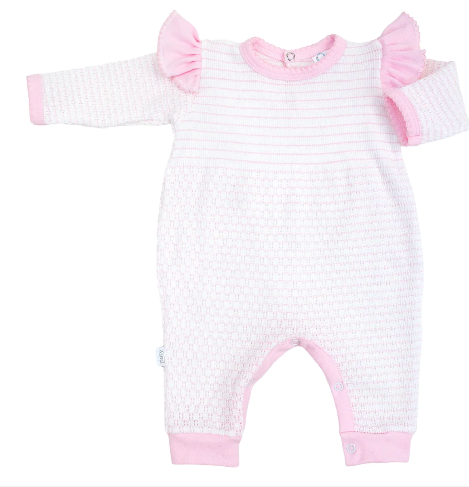 Paty Knit Long Sleeve Pinstripe Romper with Ruffle Shoulder Trim
