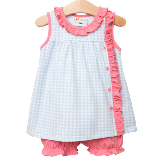 Clara Sleeveless Bloomer Set - Blue Gingham & Pink