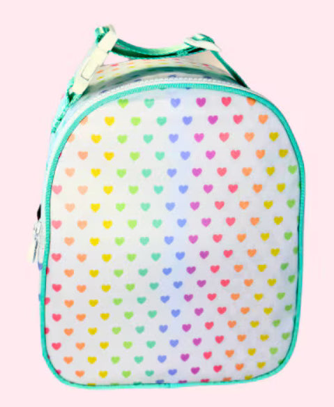 A multicolored lunchbox with a geometric pattern of hearts and solid colors, featuring a mint green trim and zipper.