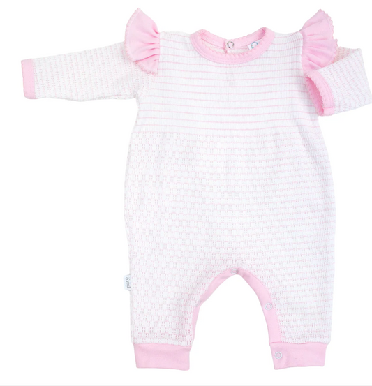 Paty Knit Long Sleeve Pinstripe Romper with Ruffle Shoulder Trim